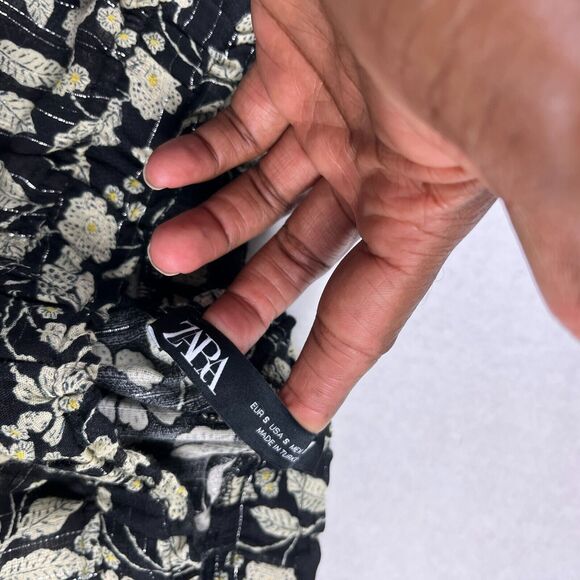 ZARA Wide Leg Pants Floral Elastic High Waisted Flowy Semi Sheer Pockets SMALL - Picture 10 of 13